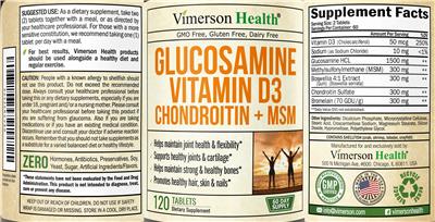 Photo of the Vimerson Health Glucosamine Vitamin D3 Chondroitin + MSM label
