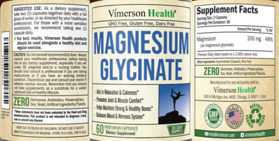 Photo of the Vimerson Health Magnesium Glycinate label