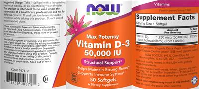 Photo of the NOW Vitamin D-3 50,000 IU label