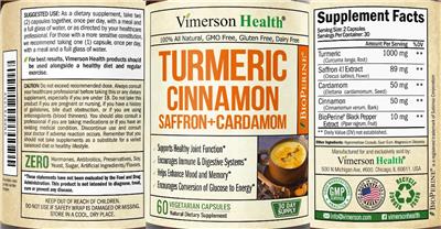 Photo of the Vimerson Health Turmeric Cinnamon Saffron + Cardamom label