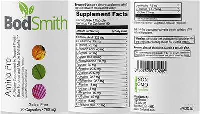 Photo of the BodSmith Amino Pro 750 mg label