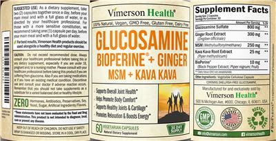 Photo of the Vimerson Health Glucosamine BioPerine + Ginger MSM + Kava Kava label
