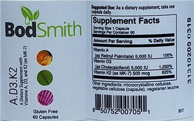 Photo of the BodSmith A.D3.K2 label