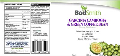Photo of the BodSmith Garcinia Cambogia & Green Coffee Bean Berry-Melon Flavor label