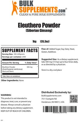 Photo of the BulkSupplements.com Eleuthero Powder (Siberian Ginseng) label