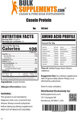 Photo of the BulkSupplements.com Casein Protein label