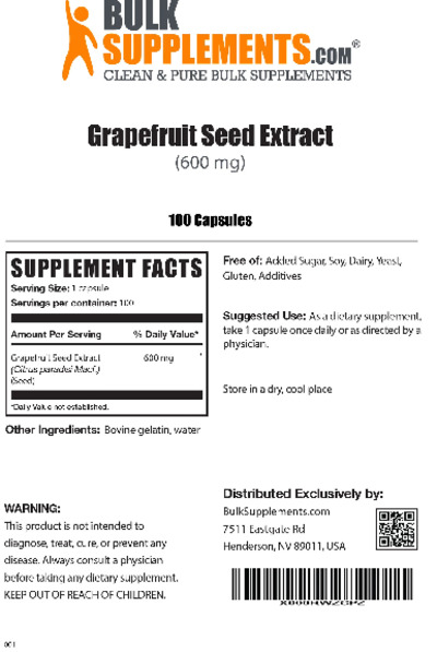 Photo of the BulkSupplements.com Grapefruit Seed Extract (600 mg) label
