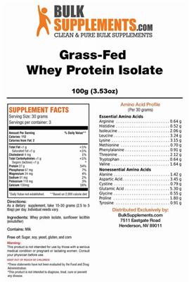 Photo of the BulkSupplements.com Grass-Fed Whey Protein Isolate label