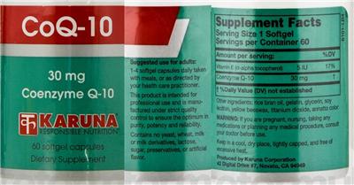 Photo of the Karuna CoQ-10 30 mg label