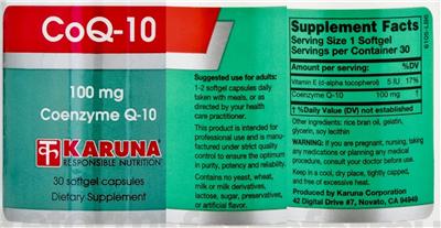 Photo of the Karuna CoQ-10 100 mg label