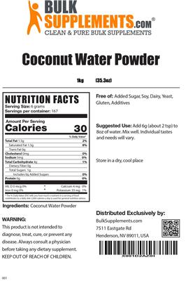 Photo of the BulkSupplements.com Coconut Water Powder label