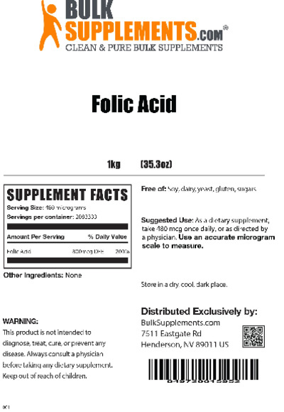 Photo of the BulkSupplements.com Folic Acid label