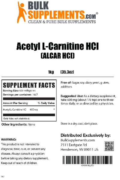 Photo of the BulkSupplements.com Acetyl L-Carnitine HCl (ALCAR HCL) label