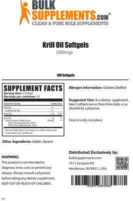Photo of the BulkSupplements.com Krill Oil Softgels 500 mg label