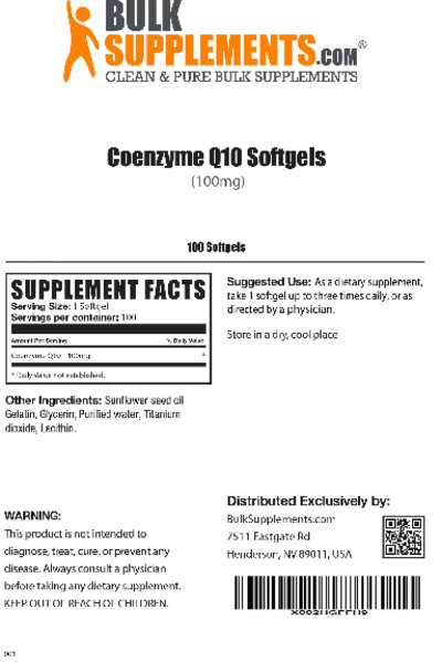 Photo of the BulkSupplements.com Coenzyme Q10 Softgels (100 mg) label