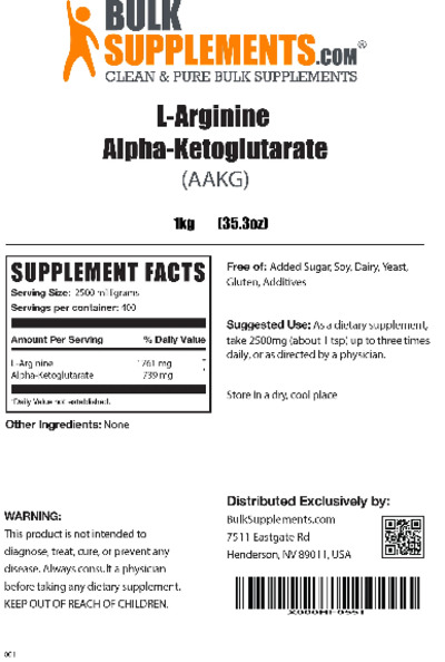 Photo of the BulkSupplements.com L-Arginine Alpha-Ketoglutarate label