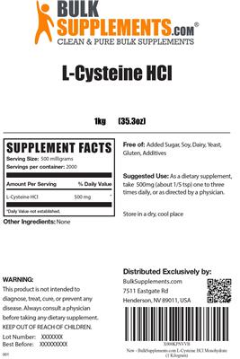 Photo of the BulkSupplements.com L-Cysteine HCL label