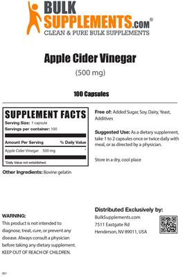 Photo of the BulkSupplements.com Apple Cider Vinegar (500 mg) label