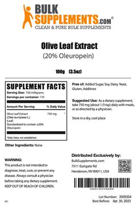 Photo of the BulkSupplements.com Olive Leaf Extract (20% Oleuropein) label