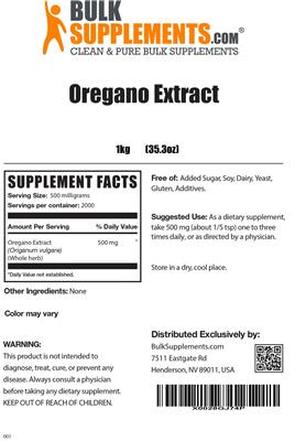 Photo of the BulkSupplements.com Oregano Extract label
