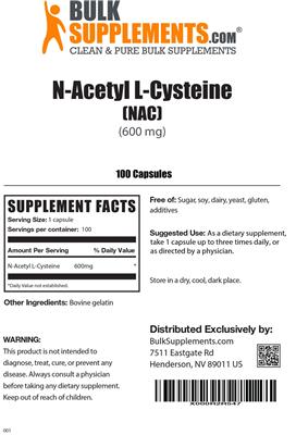 Photo of the BulkSupplements.com N-Acetyl L-Cysteine (600 mg) label