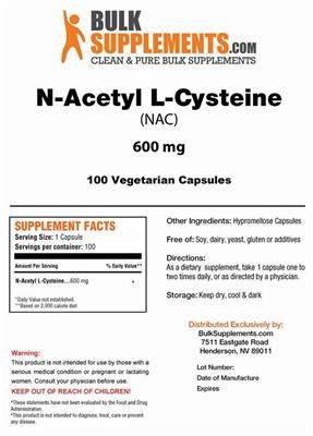 Photo of the BulkSupplements.com N-Acetyl L-Cysteine 600 mg label