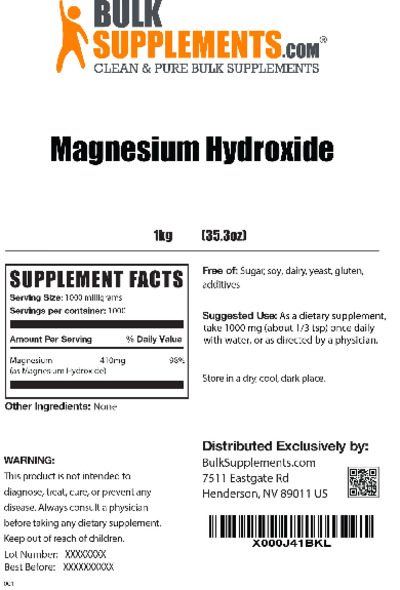 Photo of the BulkSupplements.com Magnesium Hydroxide label