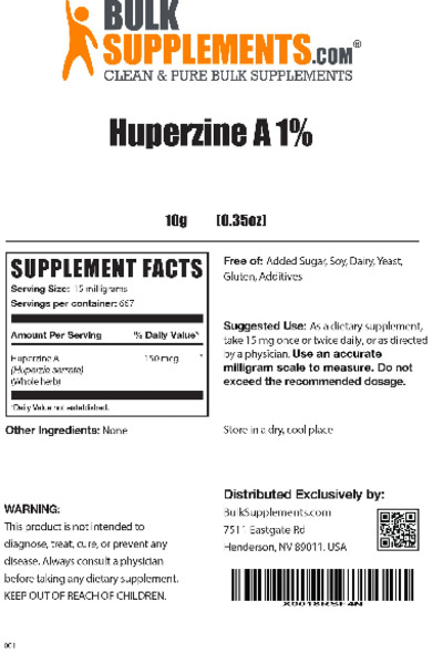 Photo of the BulkSupplements.com Huperzine A 1% label
