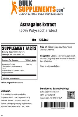 Photo of the BulkSupplements.com Astragalus Extract (50% Polysaccharides) label