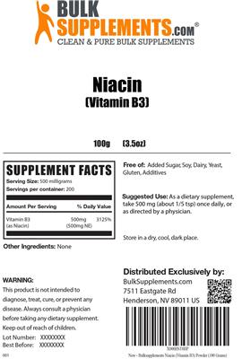 Photo of the BulkSupplements.com Niacin (Vitamin B3) label