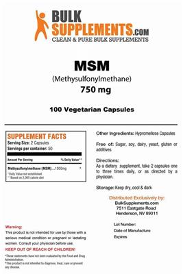 Photo of the BulkSupplements.com MSM 750 mg label