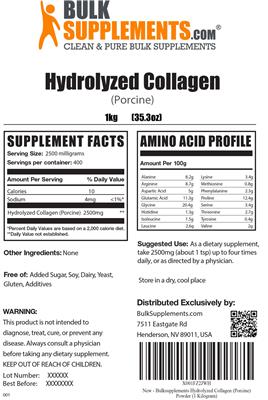 Photo of the BulkSupplements.com Hydrolyzed Collagen (Porcine) label
