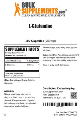 Photo of the BulkSupplements.com L-Glutamine (750 mg) label