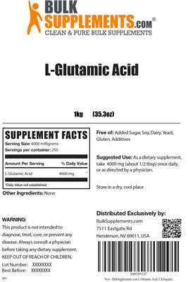 Photo of the BulkSupplements.com L-Glutamic Acid label