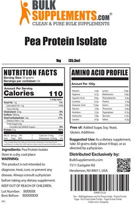 Photo of the BulkSupplements.com Pea Protein Isolate label