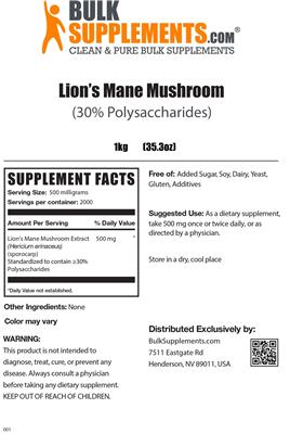 Photo of the BulkSupplements.com Lion's Mane Mushroom (30% Polysaccharides) label