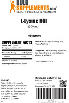 Photo of the BulkSupplements.com L-Lysine HCL 500 mg label