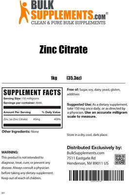 Photo of the BulkSupplements.com Zinc Citrate label