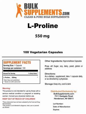 Photo of the BulkSupplements.com L-Proline 550 mg label