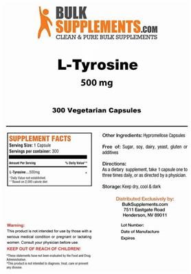 Photo of the BulkSupplements.com L-Tyrosine 500 mg label
