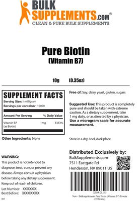 Photo of the BulkSupplements.com Pure Biotin (Vitamin B7) label