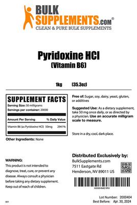 Photo of the BulkSupplements.com Pyridoxine HCL (Vitamin B6) label