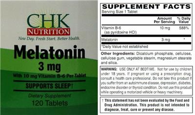 Photo of the CHK Nutrition Melatonin 3 mg label