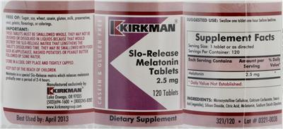 Photo of the Kirkman Slo-Release Melatonin Tablets 2.5 mg label