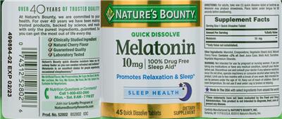 Photo of the Nature's Bounty Melatonin 10 mg Natural Cherry Flavor label