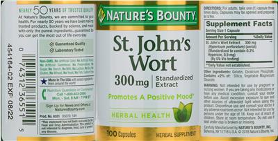 Photo of the Nature's Bounty St. John's Wort 300 mg label