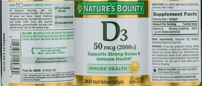 Photo of the Nature's Bounty D3 50 mcg (2000 IU) label