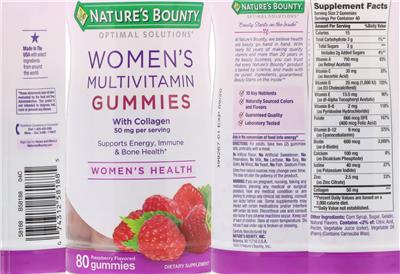 Photo of the Nature's Bounty Optimal Solutions Women's Multivitamin Gummies with Collagen 50 mg Raspberry Flavored label
