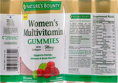 Photo of the Nature's Bounty Women's Multivitamin Gummies with Collagen 50 mg Raspberry Flavored label
