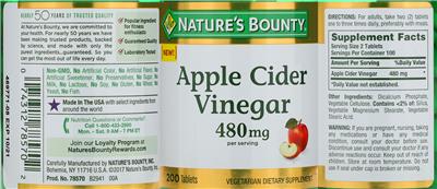 Photo of the Nature's Bounty Apple Cider Vinegar 480 mg label